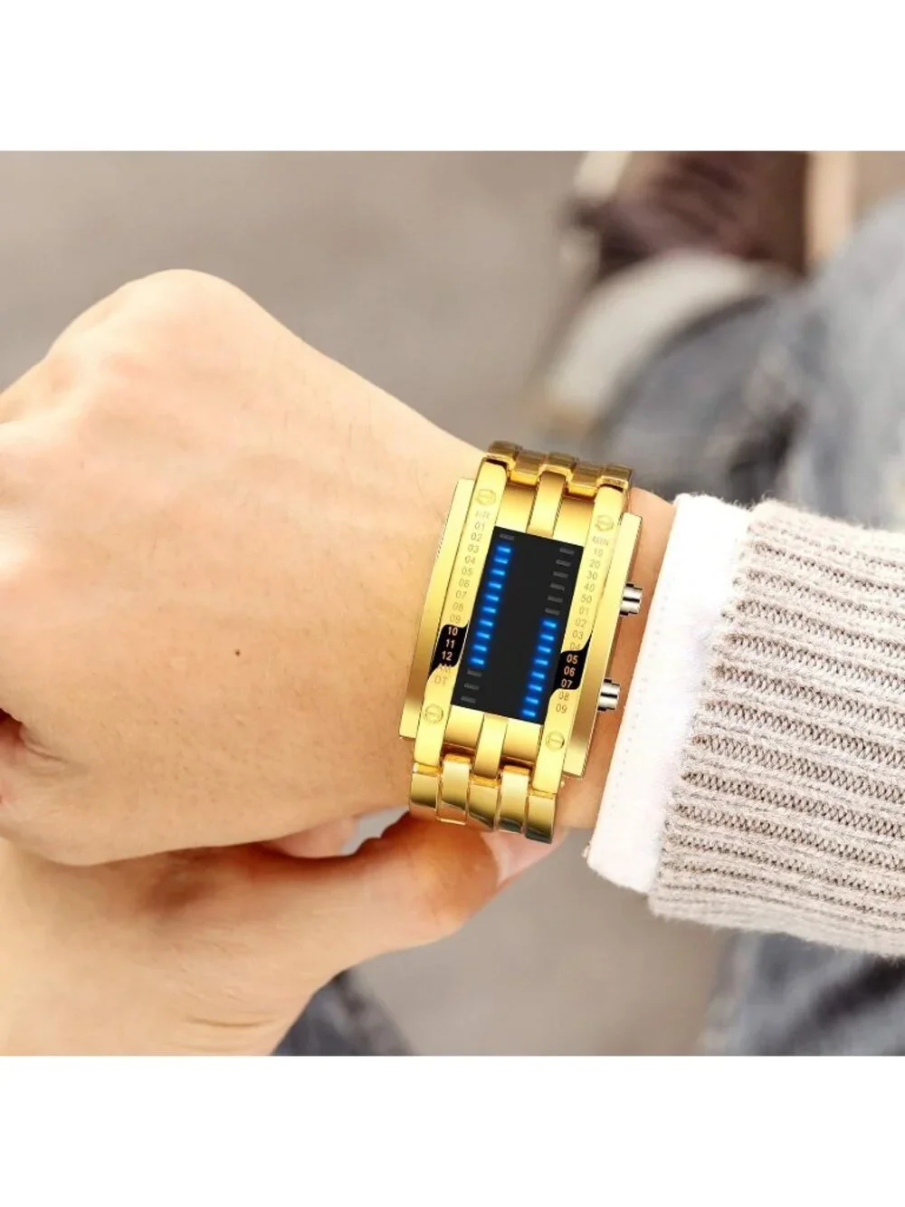 Men's Gold Analog Quartz Bracelet Waterproof Binary Matrix LED Digital Watch